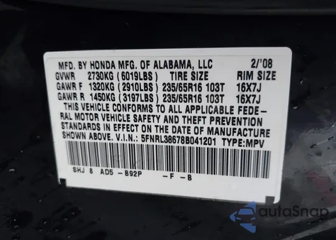 2008 Honda Odyssey Ex-L из США, поврежденный, VIN 5FNRL38678B041201